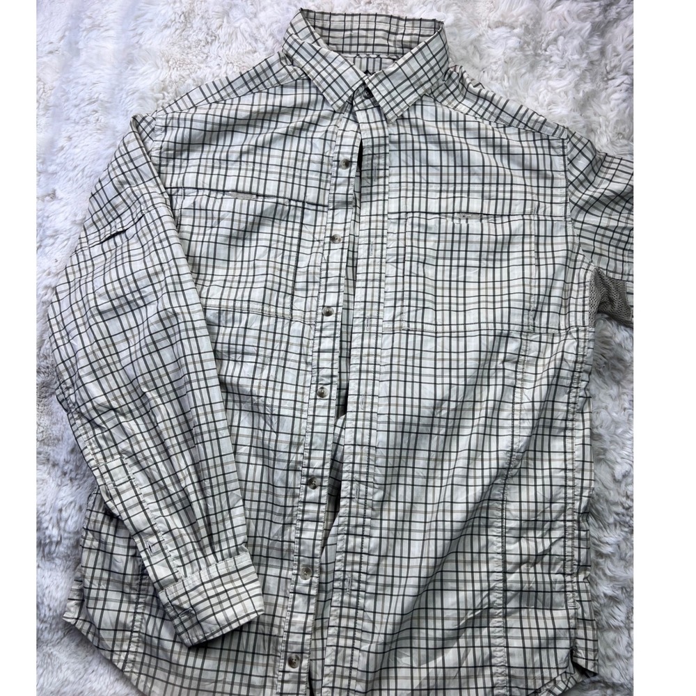 REI Mens Medium Plaid Long Sleeve Hiking Shirt Venting Tan Green RN A37